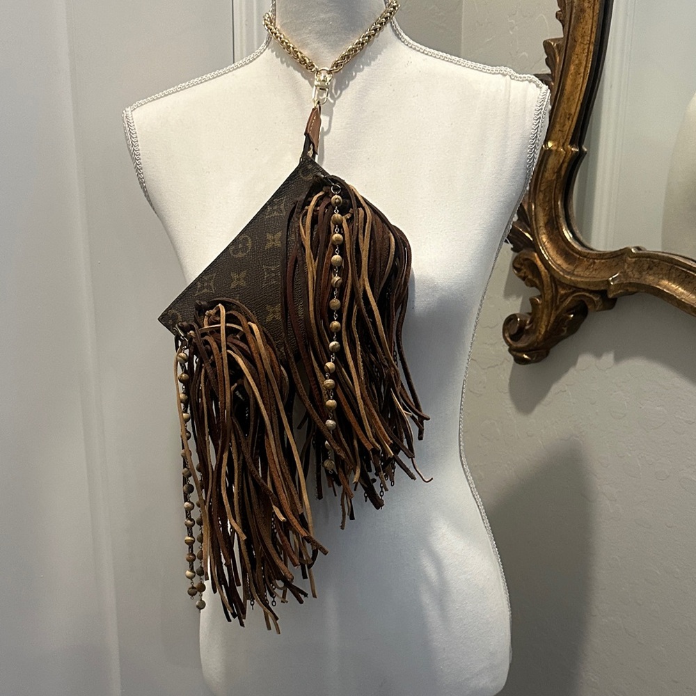 Vintage Boho Louis Vuitton Fringed Wristlet Pouch - Brown Multitone - Picture 9 of 9